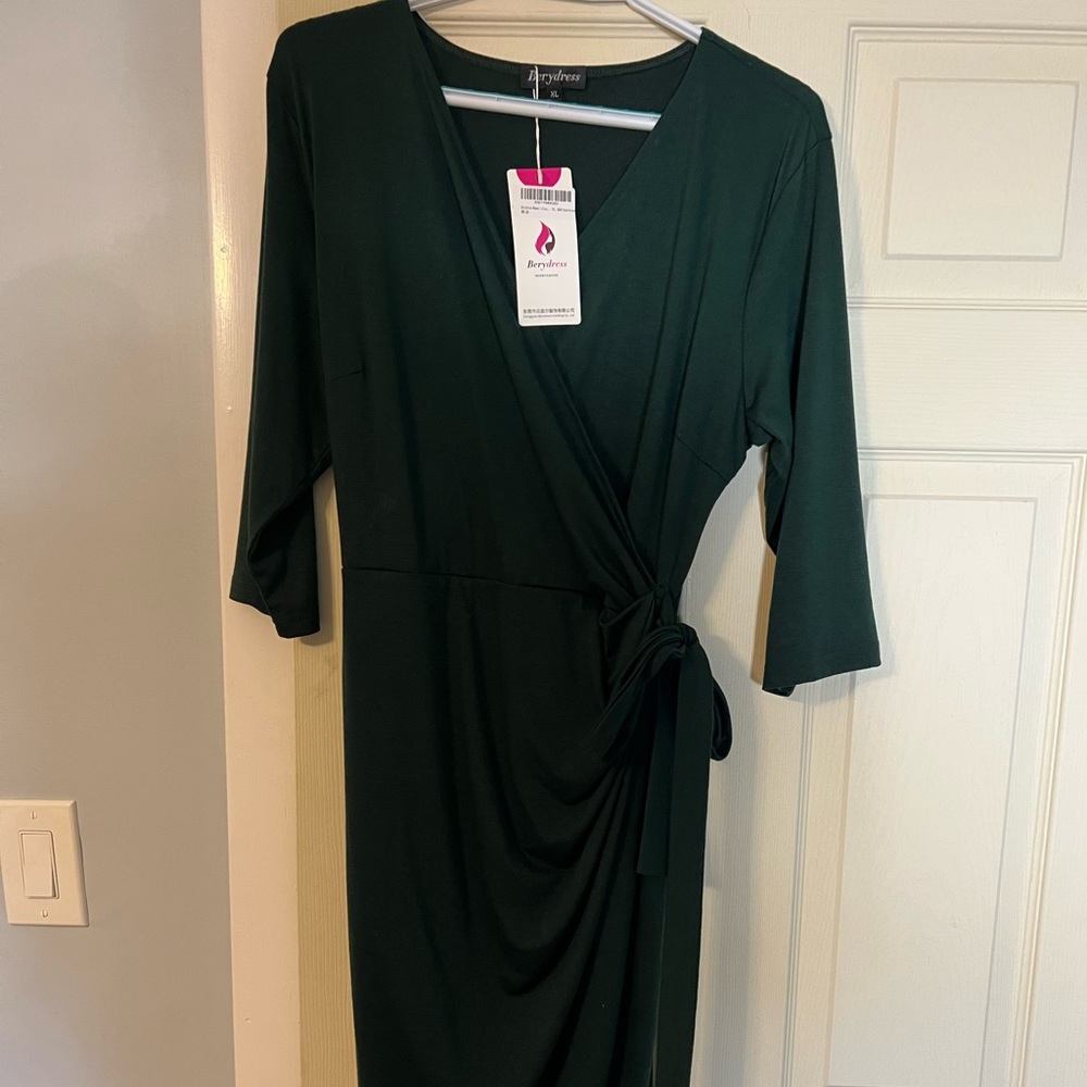 3/4 Sleeve V Neck Sheath Casual Party Work Faux Black Wrap Dress